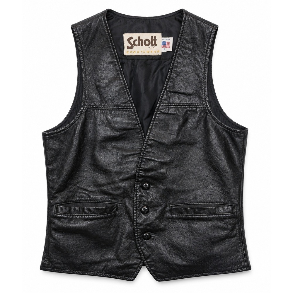 Vintage 80s Schott NYC Black Leather Biker Vest Made in USA Mens Small